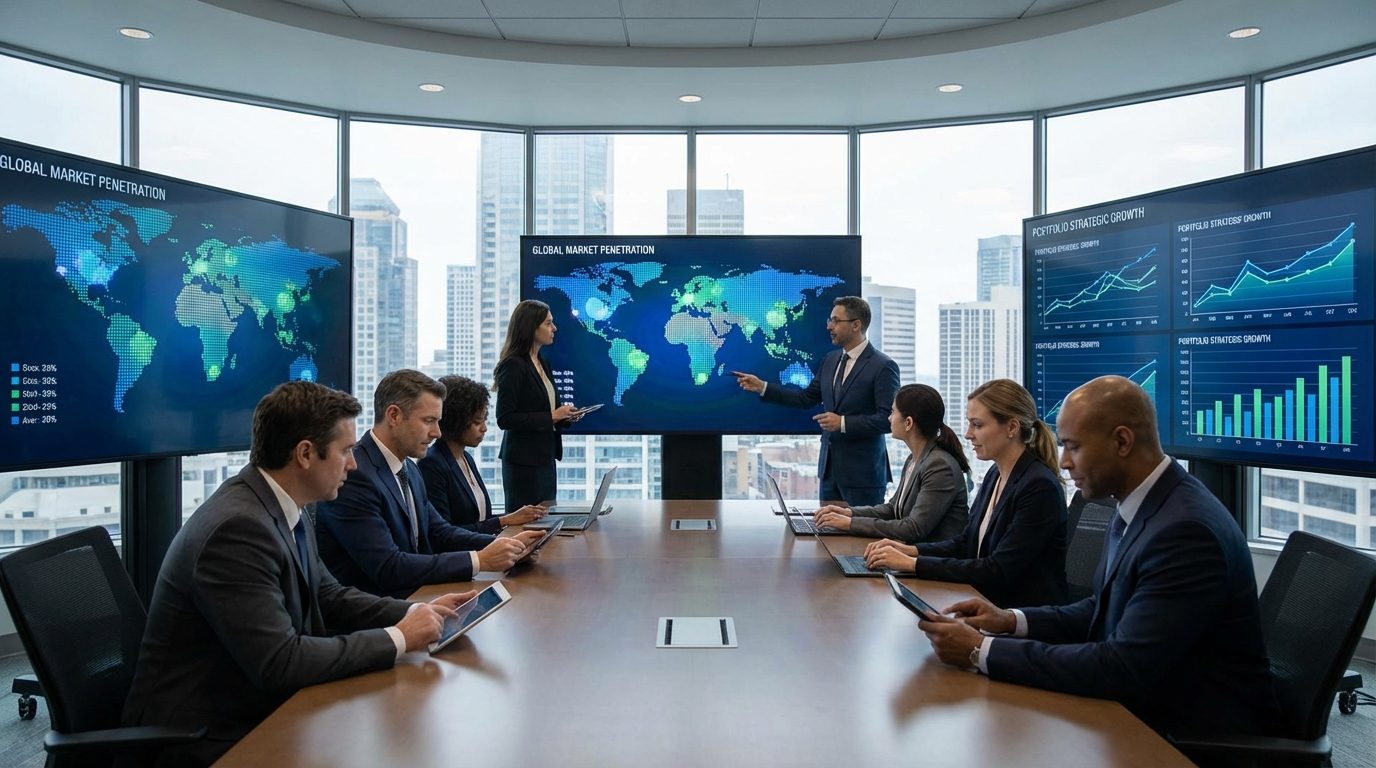 A wide shot of an analytics war-room displaying market data and portfolio strategy for operators learning how to make a pixel game.