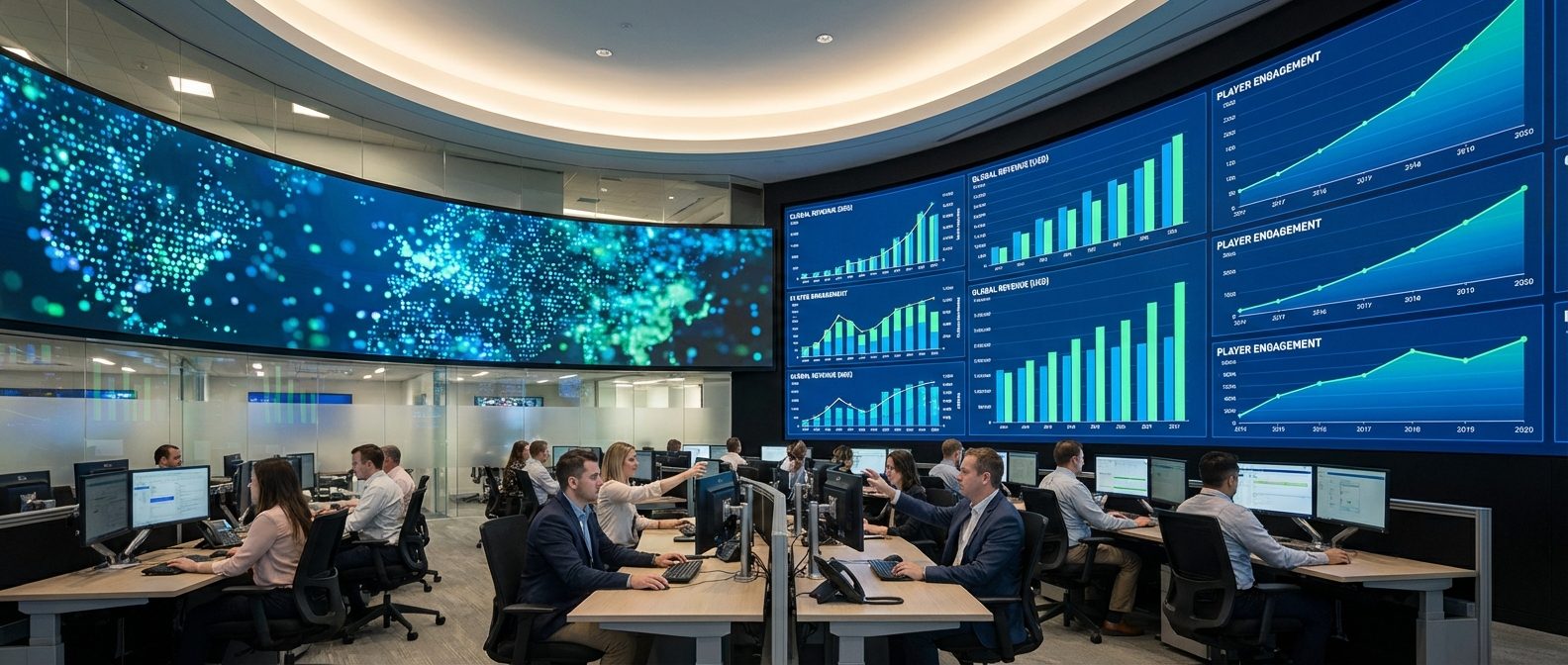 A wide shot of an operations center displaying growth metrics and data for a white label gambling platform.