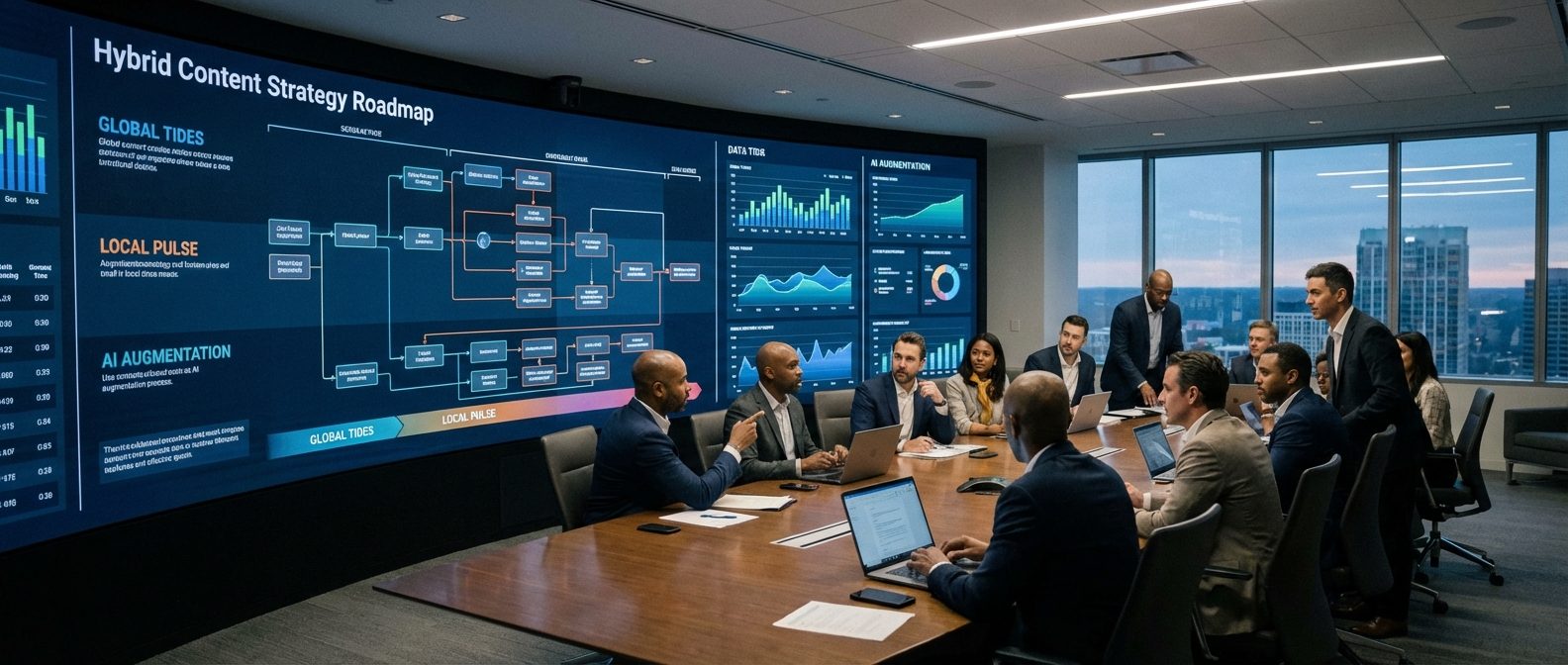 A wide view of a corporate war-room showing a hybrid content strategy roadmap and analytics for custom casino game development.