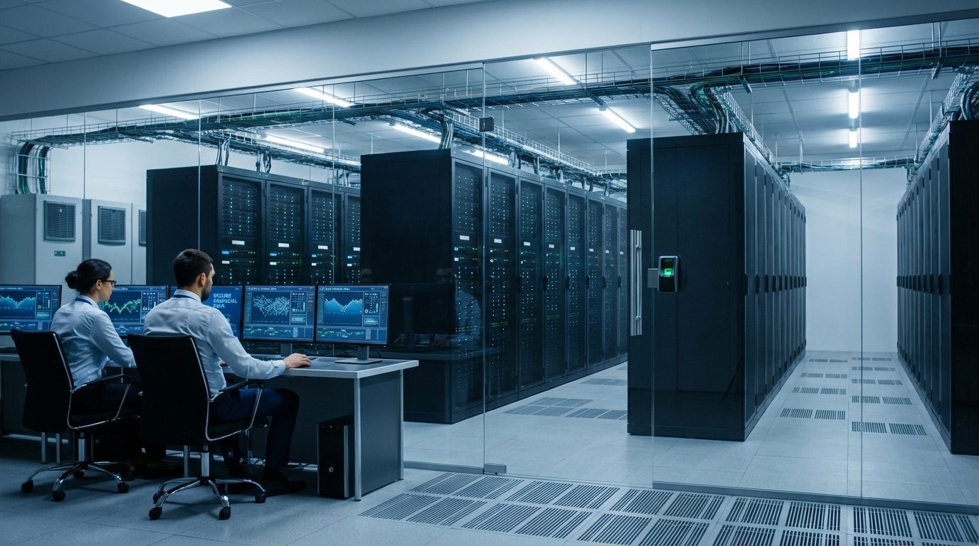 A wide view of a secure server room providing the technical infrastructure for how to start an online casino.