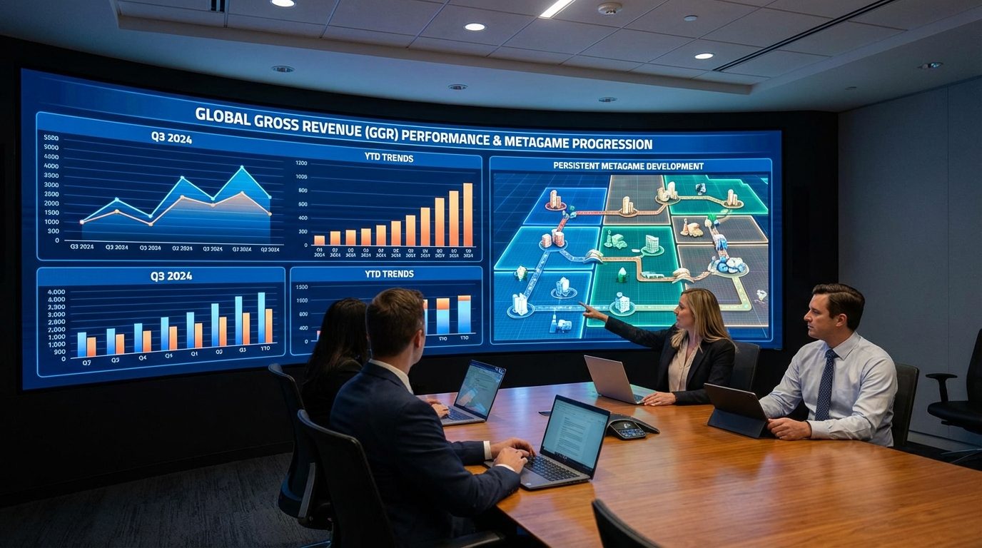 An analytics center displays GGR impact and metagame layers, evaluating the long-term RTS Game Meaning for a casino portfolio.