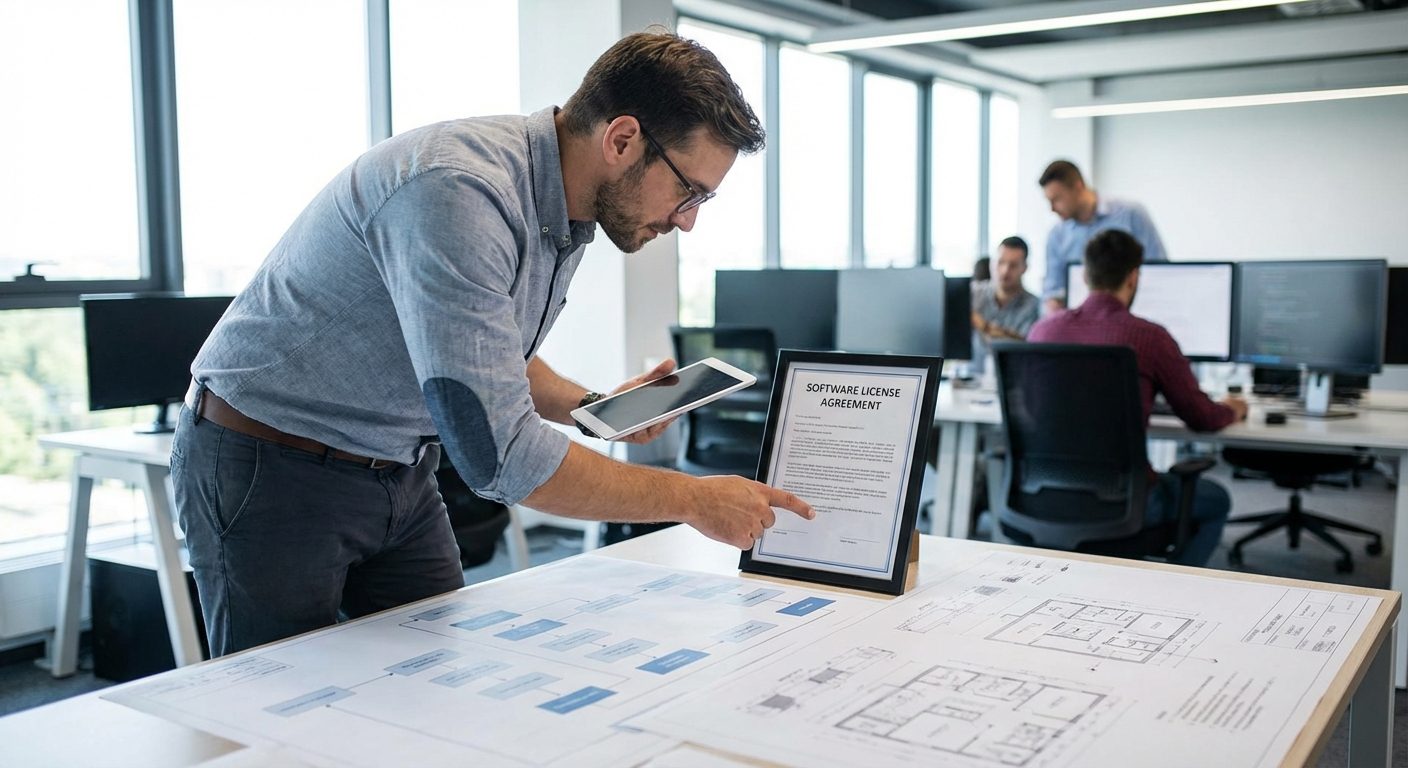 An engineer in a modern office environment planning software architecture when learning how to start an online casino.