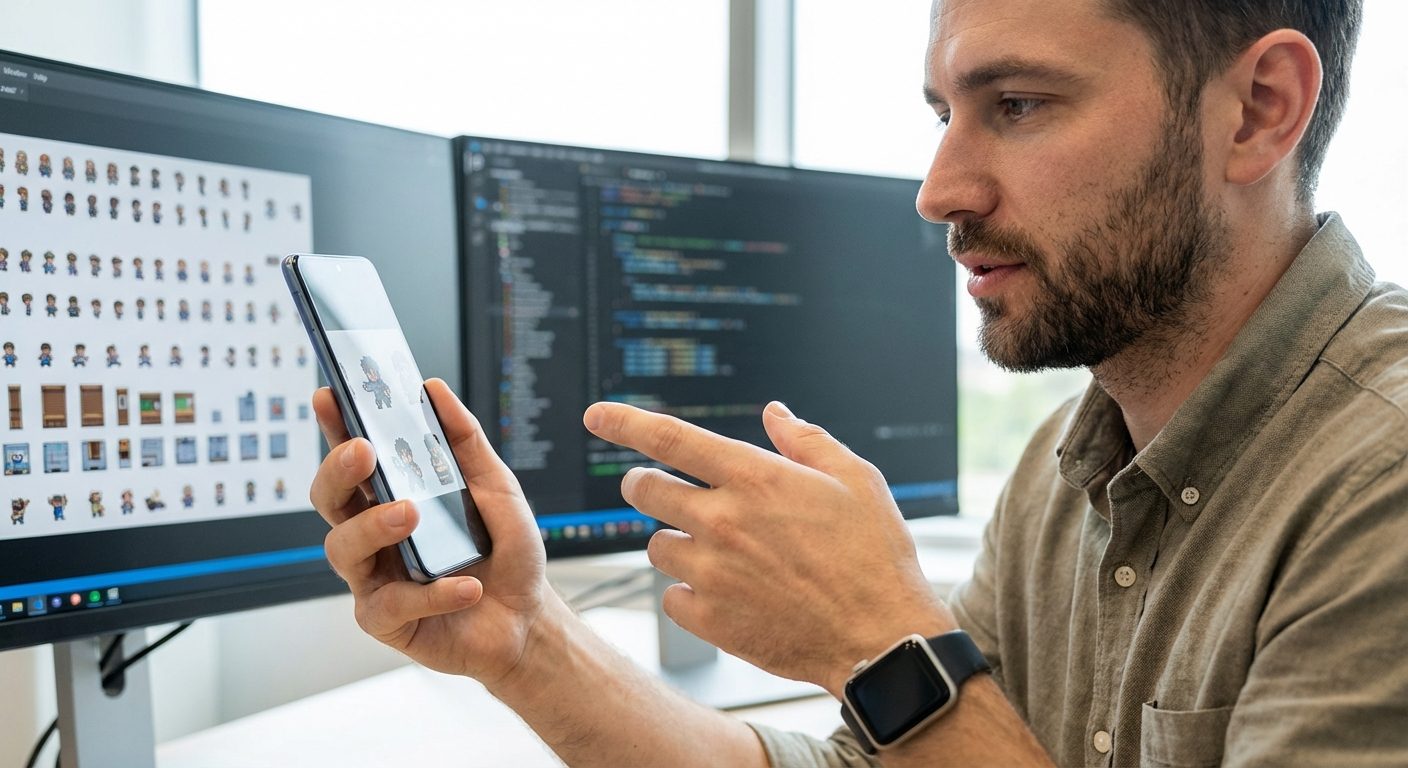 An engineer in a testing lab optimizing sprite sheets and scaling for mobile performance when learning how to make a pixel game.