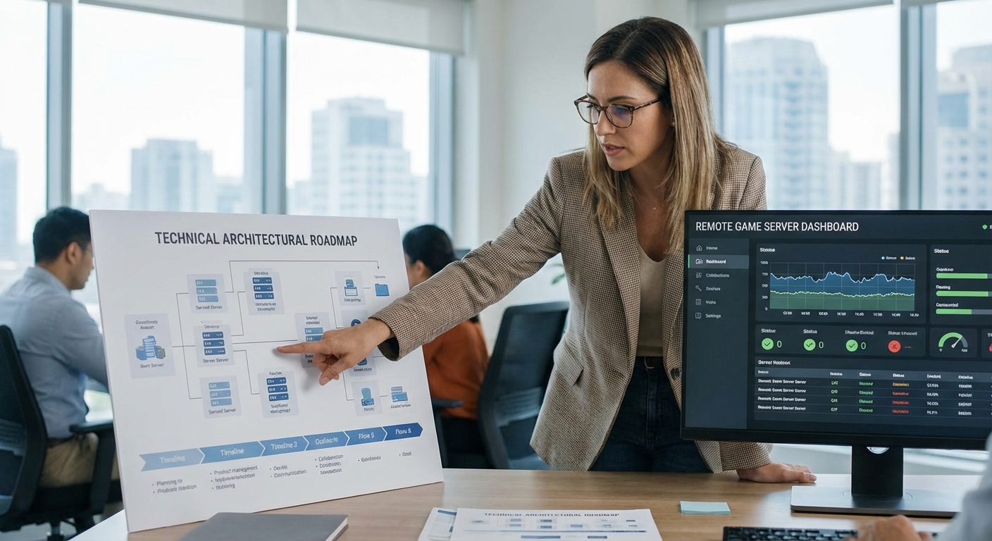 An iGaming product manager reviewing technical server architecture and steps on how to make a rng game in an office.