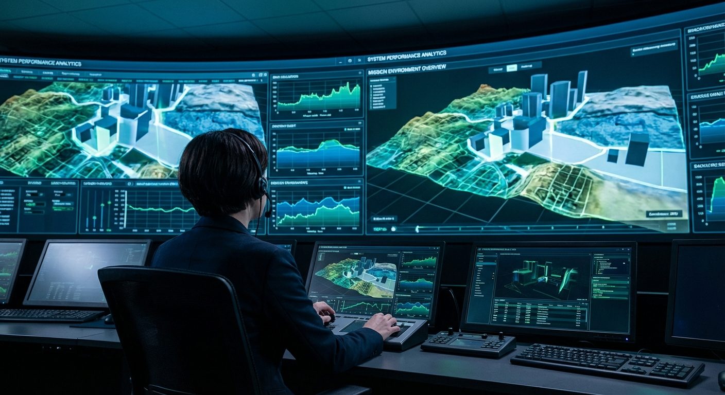 An operator analyzing performance data and thematic environment feedback for a crash game with different artstyle in a command center.