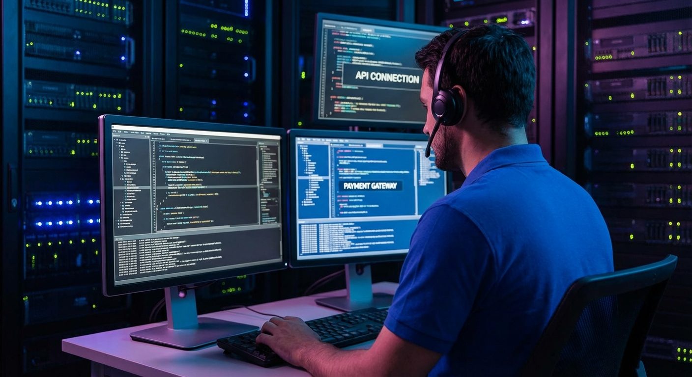 An over-the-shoulder shot of a technician managing API connections for a white label gambling platform.