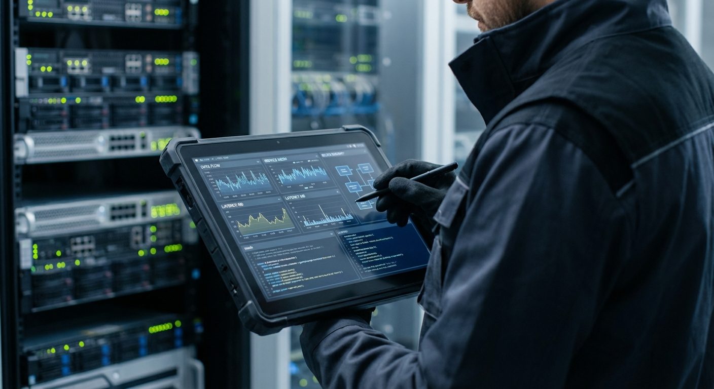An over-the-shoulder shot of a technician monitoring real-time data feeds and backend infrastructure for a robust sports gambling software system.