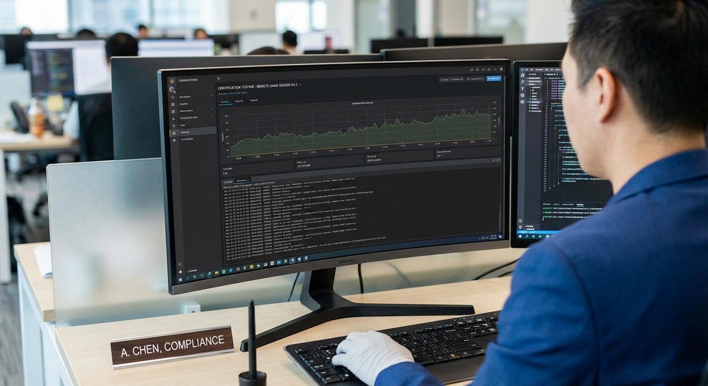 An over-the-shoulder view of an engineer performing certification testing on a server for custom casino game development projects.