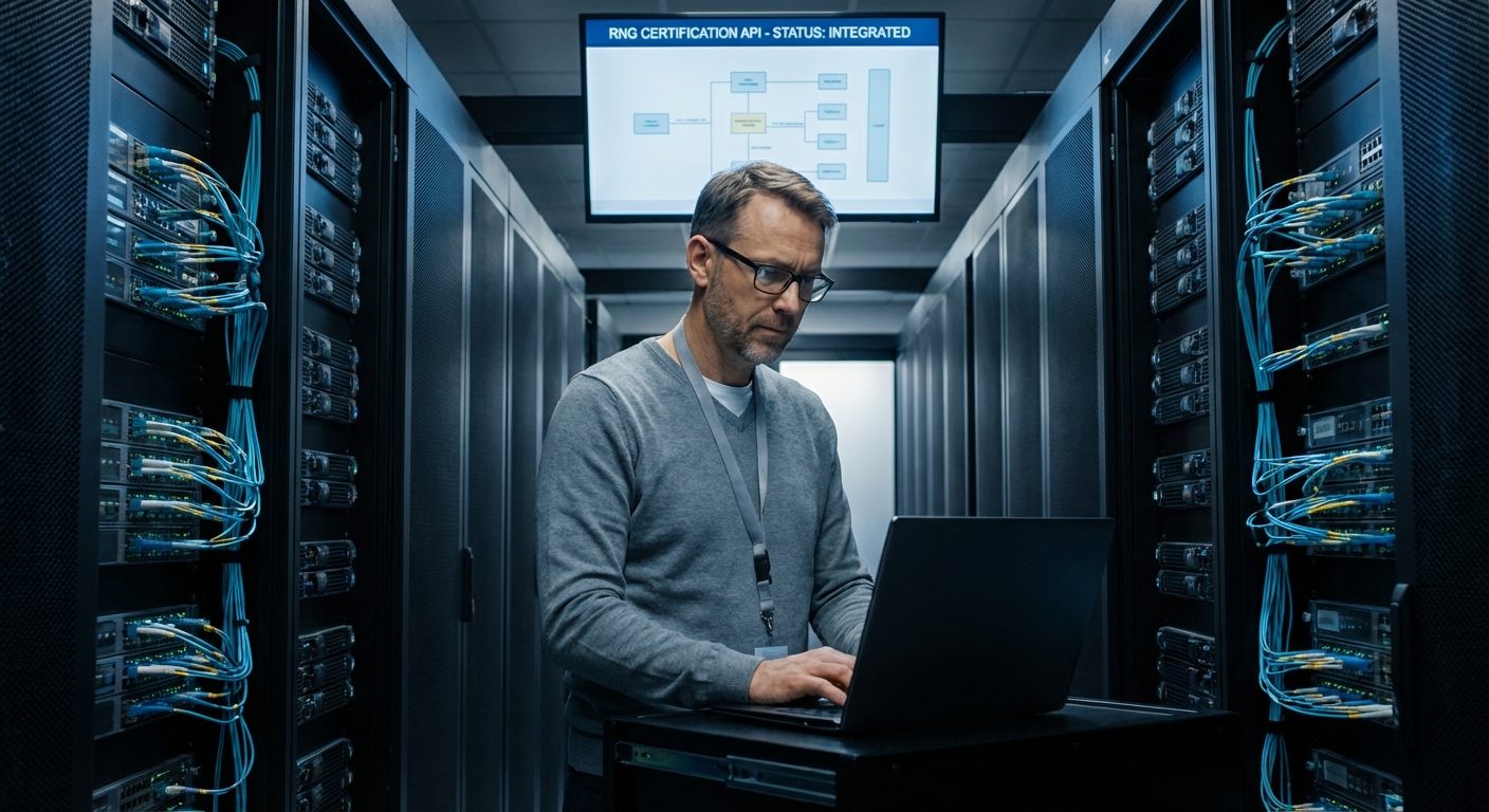 Over the shoulder view of a technician managing server infrastructure for compliant types of casino games and platforms.