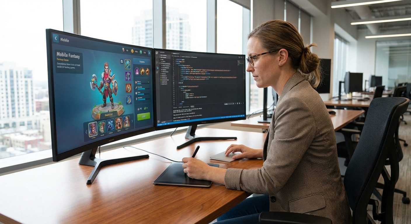 Product manager reviewing mobile-first assets on a workstation when choosing to hire casino game developers for modern iGaming.