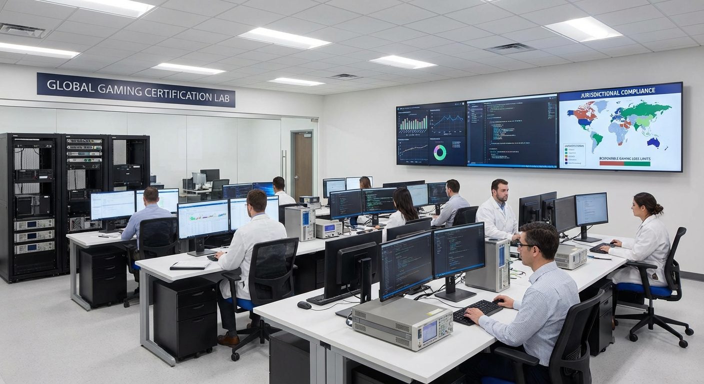 Wide view of a certification lab environment ensuring regulatory compliance for those who hire casino game developers.