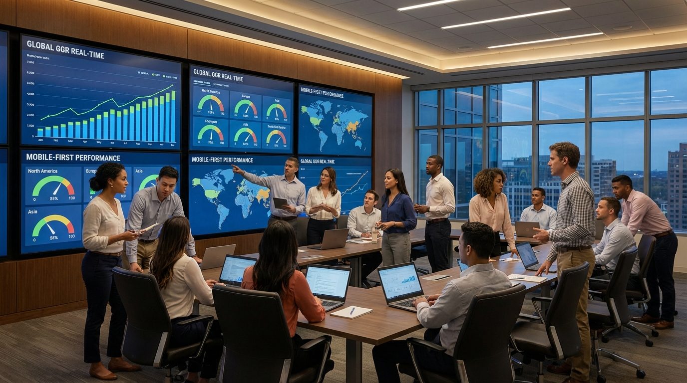 Wide view of a data analytics center monitoring performance and ROI for diverse types of casino games globally.
