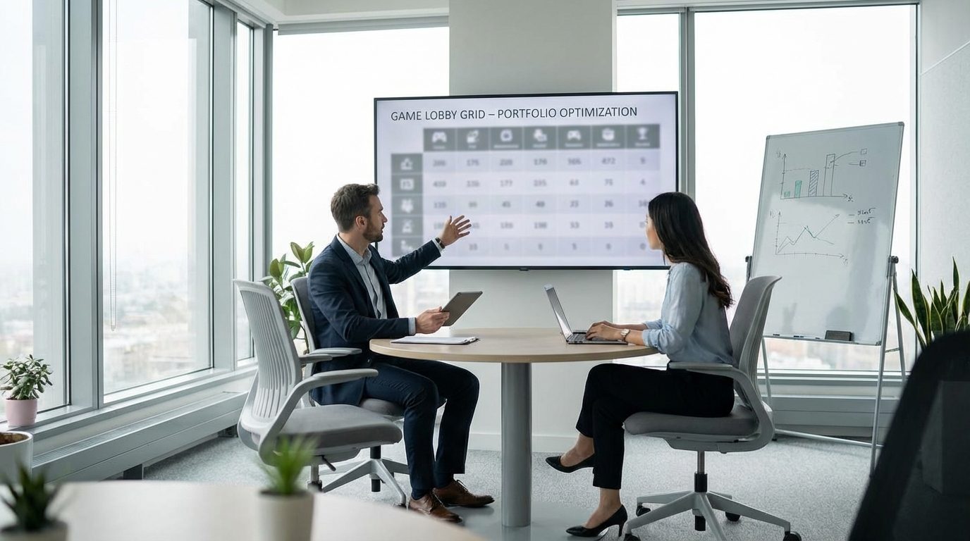 Operators reviewing game portfolio strategy and payout performance in a professional meeting space.