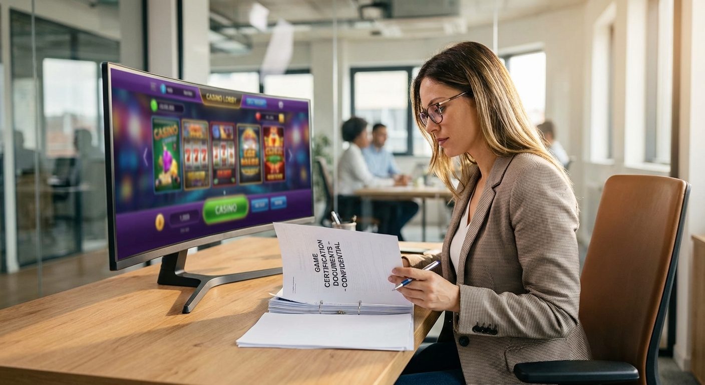 A professional product manager reviewing technical certification documents to prevent issues like a gambino slots cheat engine in a modern office.