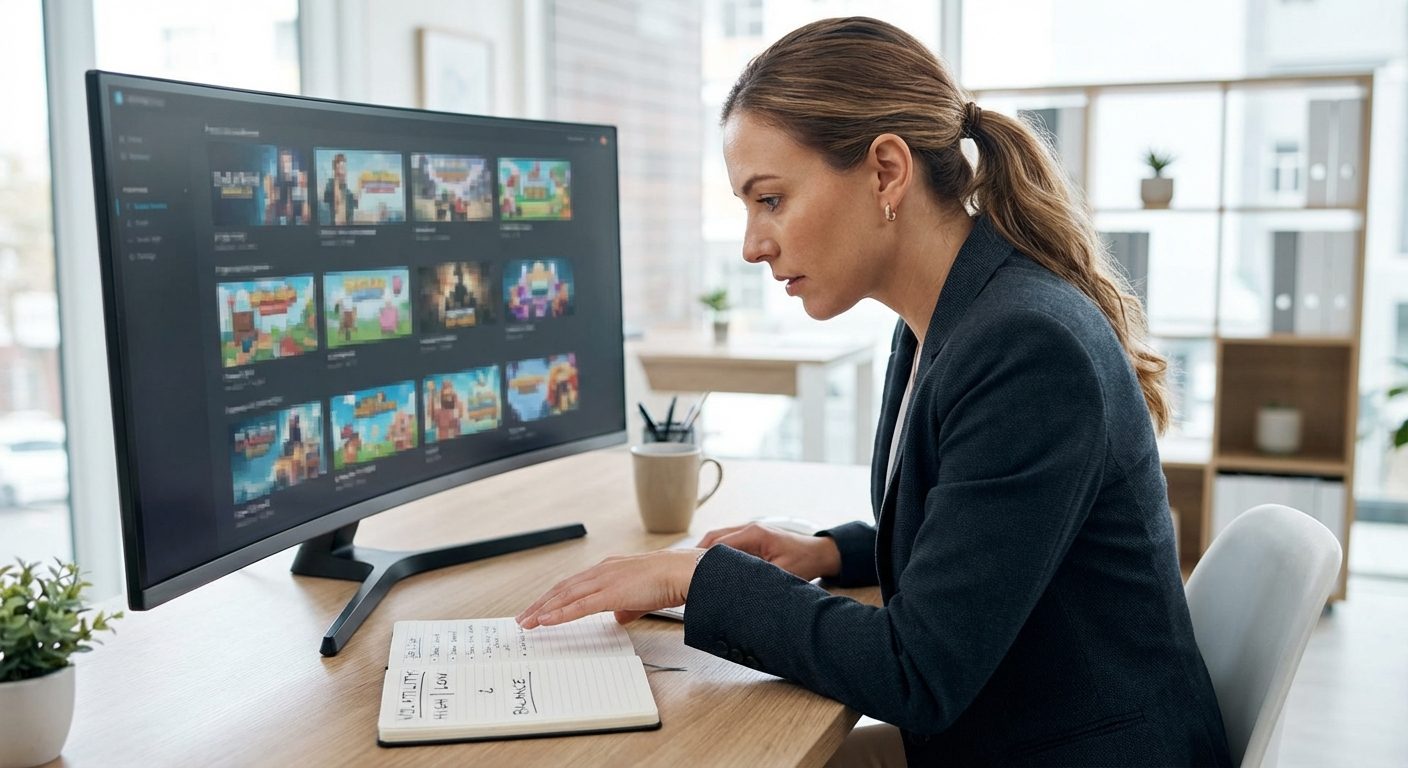A professional reviews game lobby performance metrics in a modern office to analyze how online casinos make money through balanced portfolios.