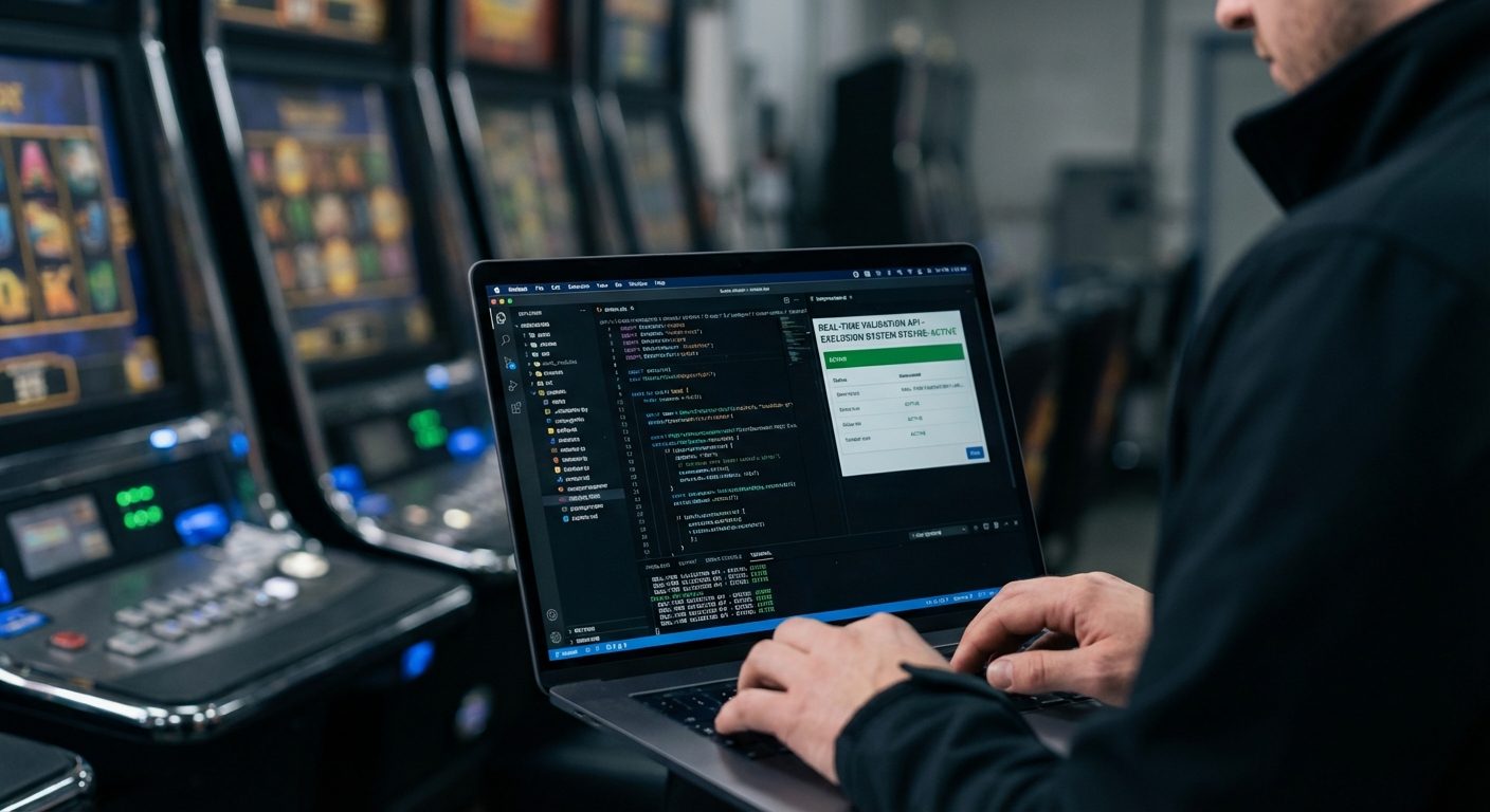 A technical specialist performing a process check on responsible gambling tools at a testing bench with an integrated gaming cabinet.