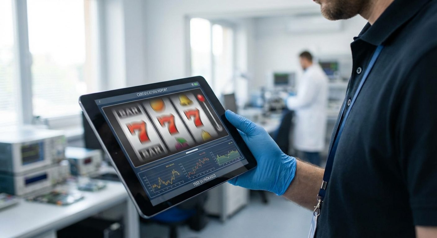 Technician conducting a certification audit of a slot machine math model while reviewing game mechanics on a tablet.