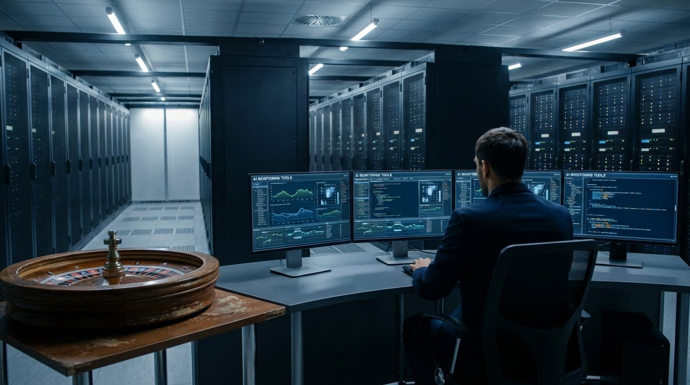 A wide view of a secure server room with an operator console monitoring certified platform integrity.