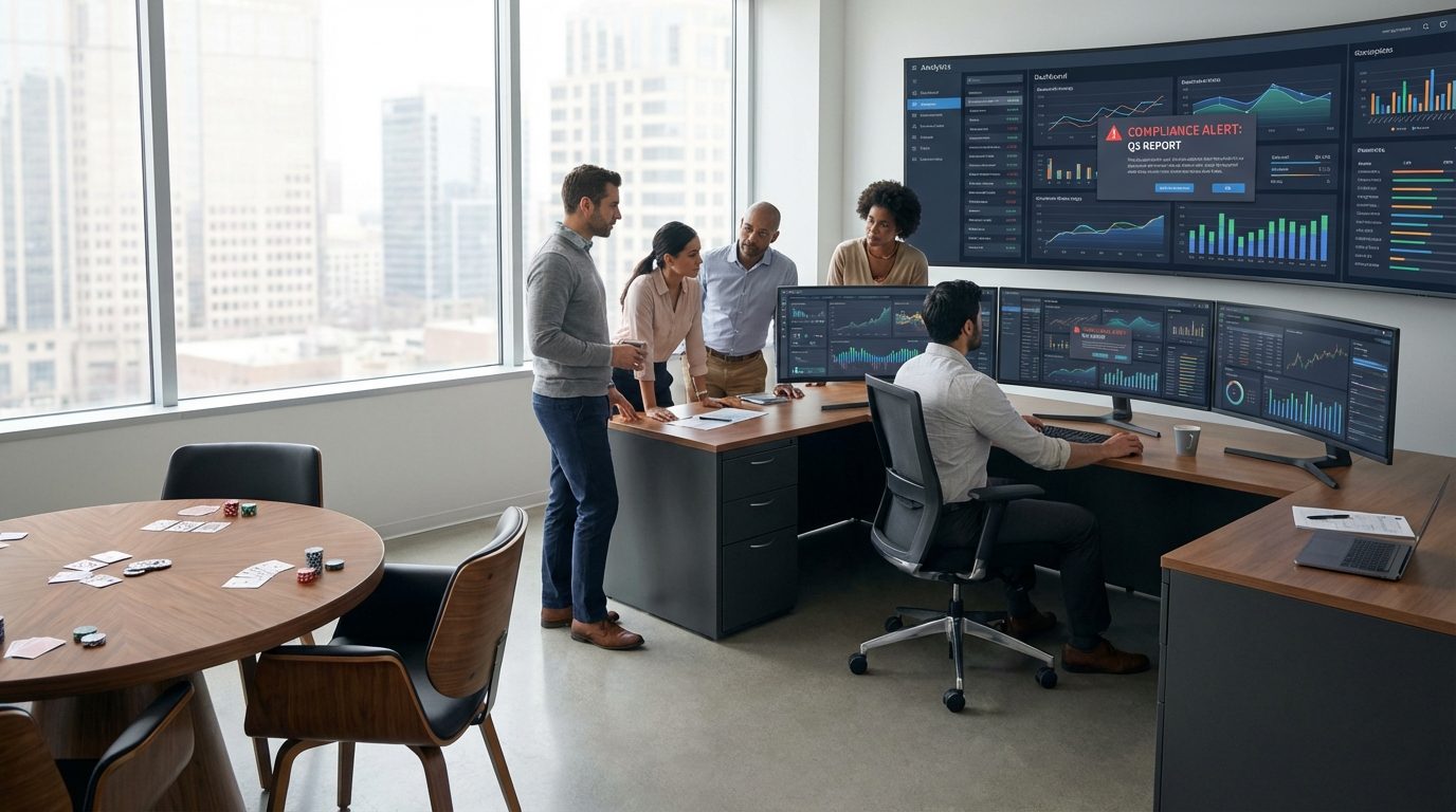 A wide view of an operations center where compliance reports for responsible gambling tools are reviewed near a professional poker table layout.
