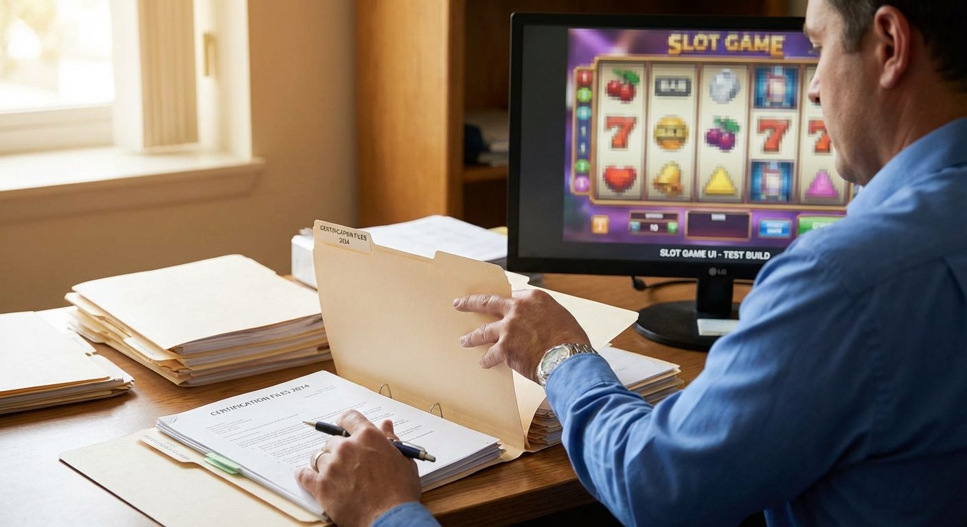 An auditor reviews certification documents near a game screen to verify compliance standards.