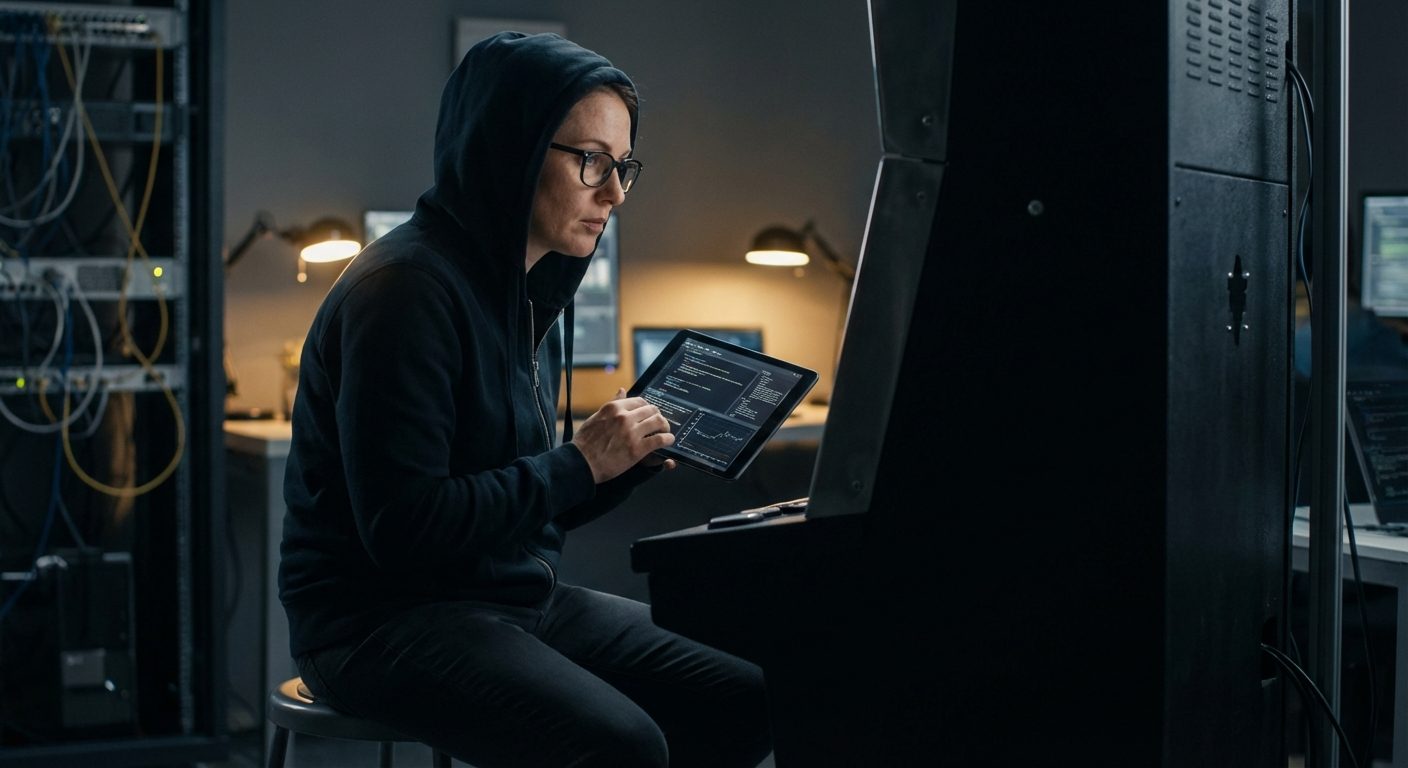 An engineer performing a security audit on a handheld device to protect against a gambino slots cheat engine near a slot cabinet.
