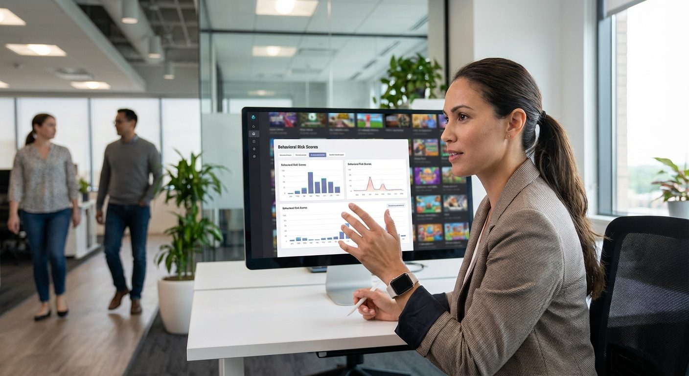 An iGaming product manager analyzing behavioral data for responsible gambling tools on a computer monitor in a professional office setting.