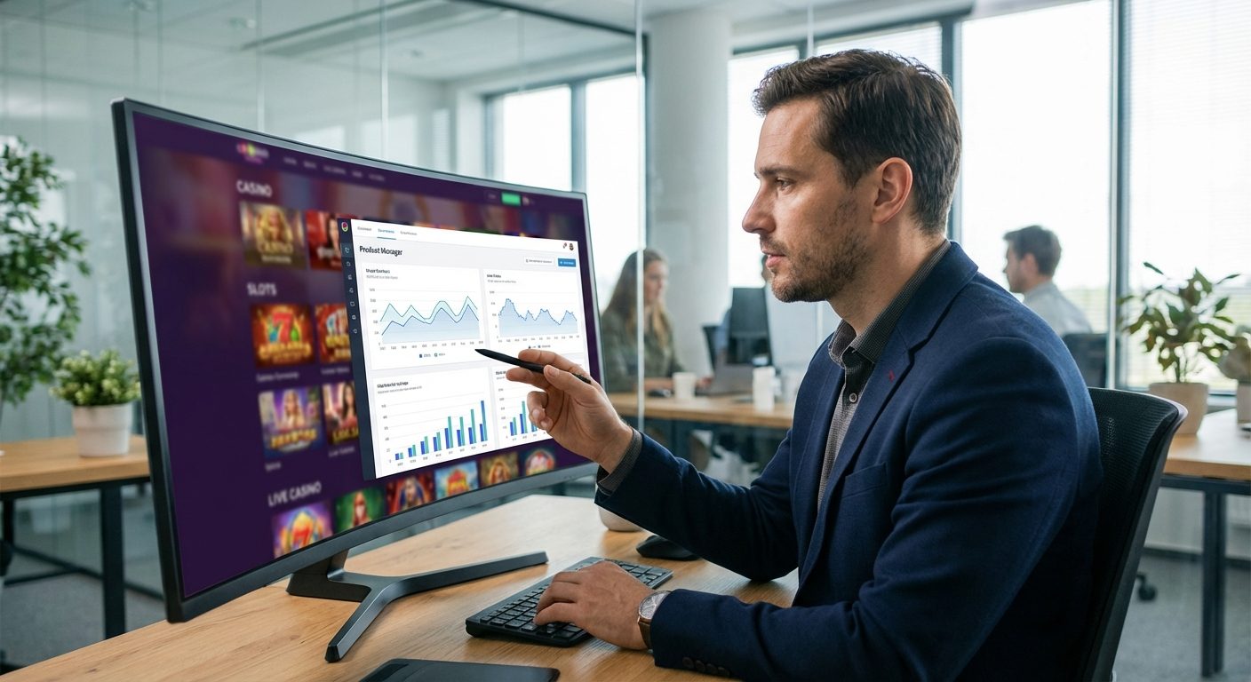 iGaming product manager analyzing data screens to optimize a slot machine math model in a professional office environment.