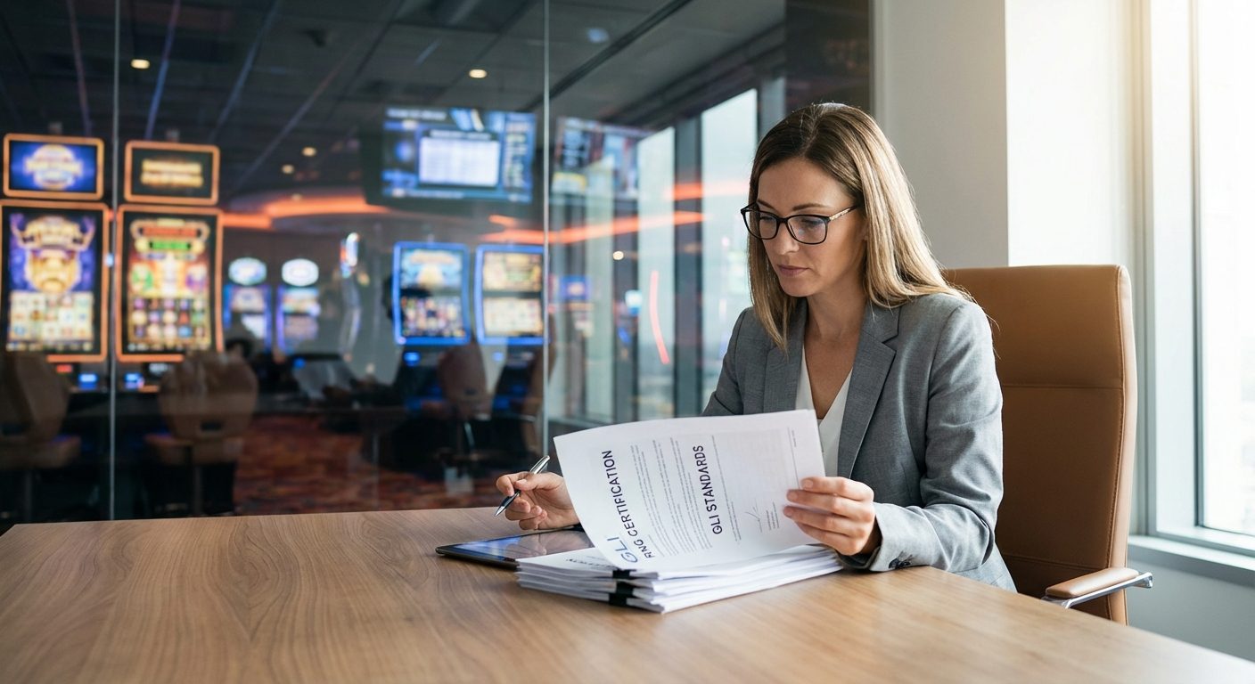 An operator reviewing technical compliance papers for a progressive jackpot system within a modern iGaming development office setting.