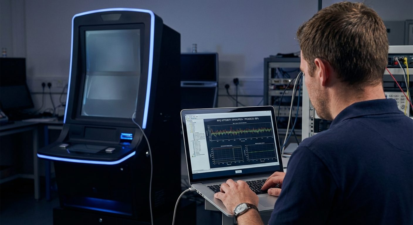 A technician runs RNG simulations on a testing console to verify statistical randomness for a game audit.