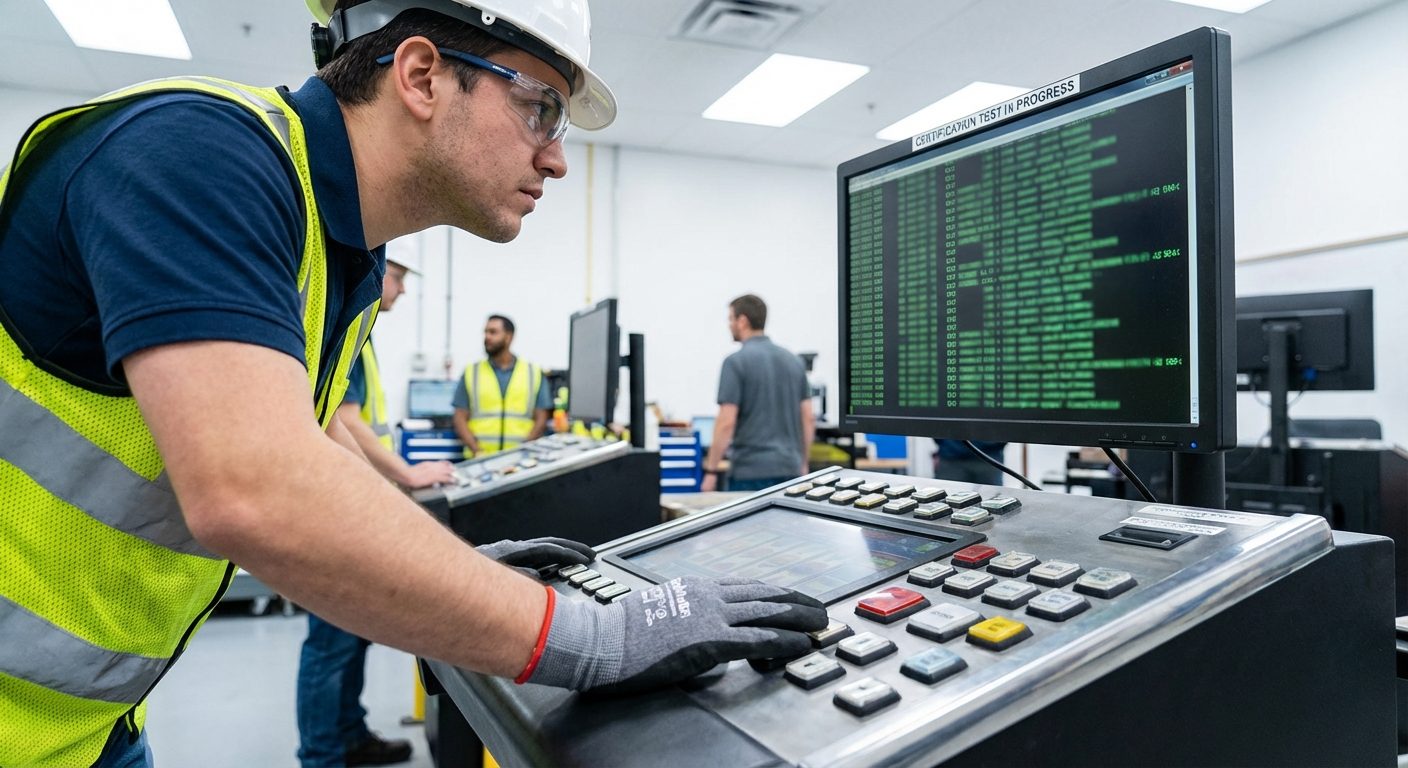 Technician validating transaction logs on an RGS screen near gaming hardware.