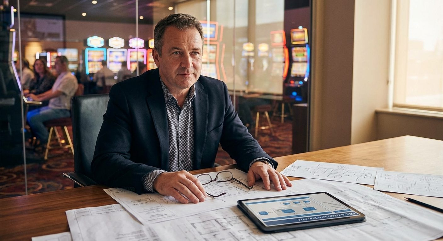 Compliance officer analyzing technical architecture and documents to understand how slot machines are programmed for regulatory transparency and operator security.