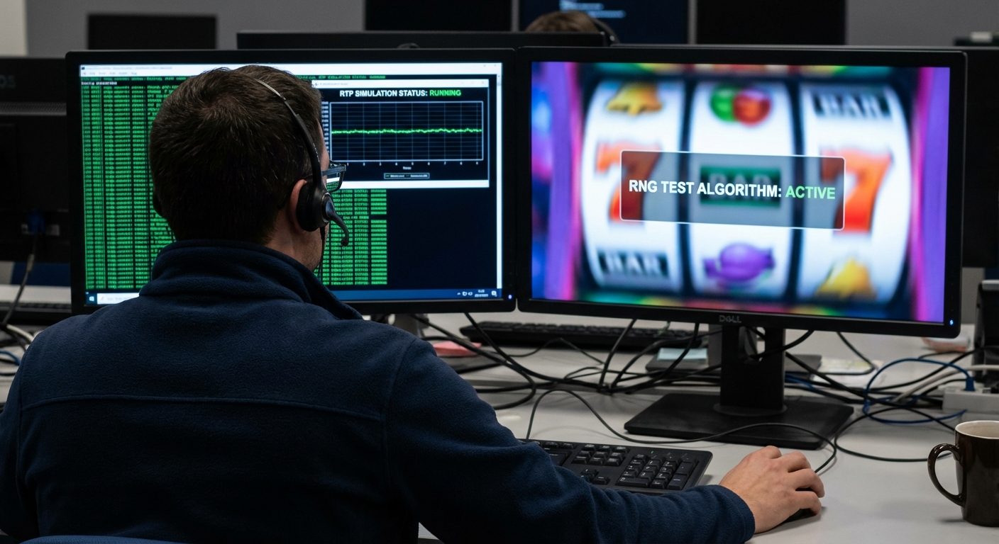 Over-the-shoulder view of a developer performing RTP simulations on a dual-monitor workstation.