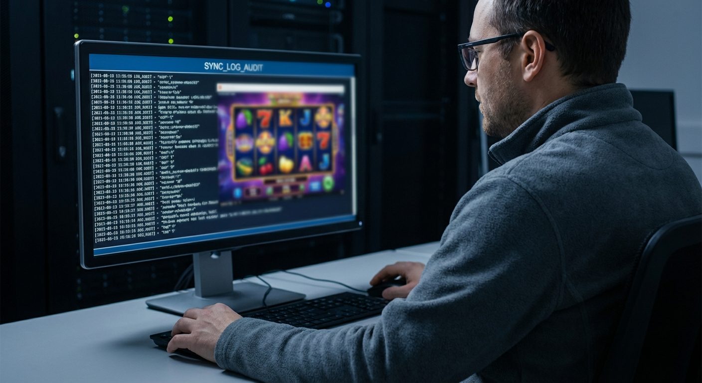 Technical engineer performing a synchronization audit for a progressive jackpot system while viewing blurred game reels on a monitor.