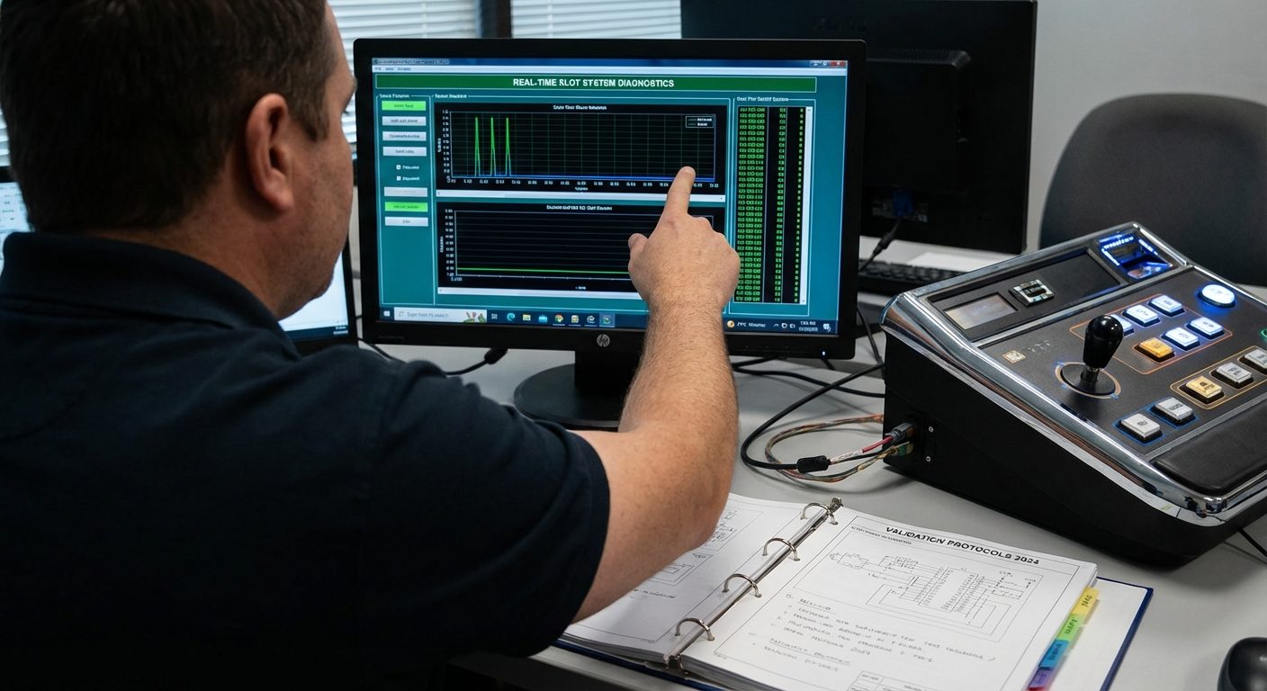Technical verification of payment processing at a testing bench with compliance documentation and a slot interface.