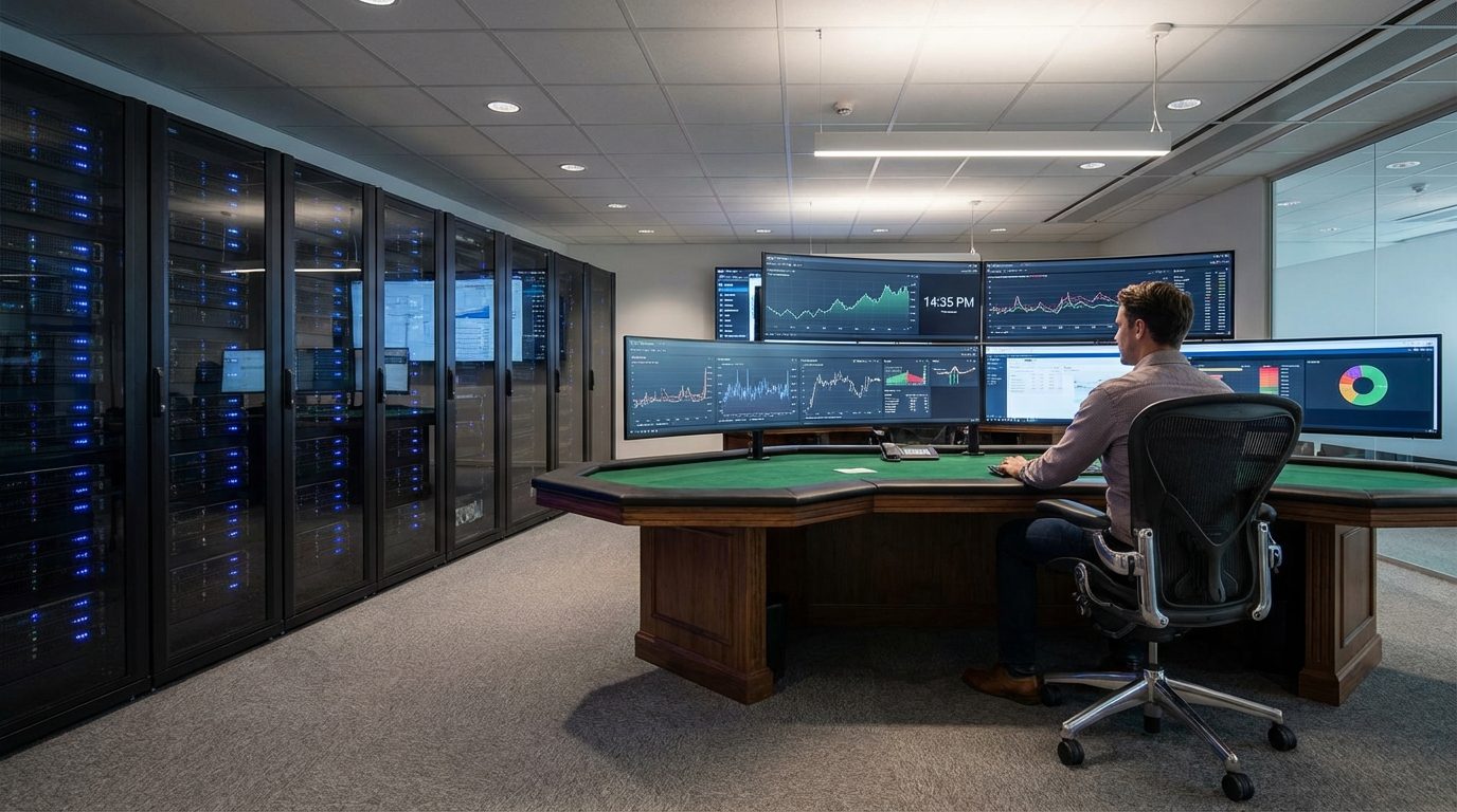 Wide operational view of a server room and analytics dashboard managing high-volume transaction processing.