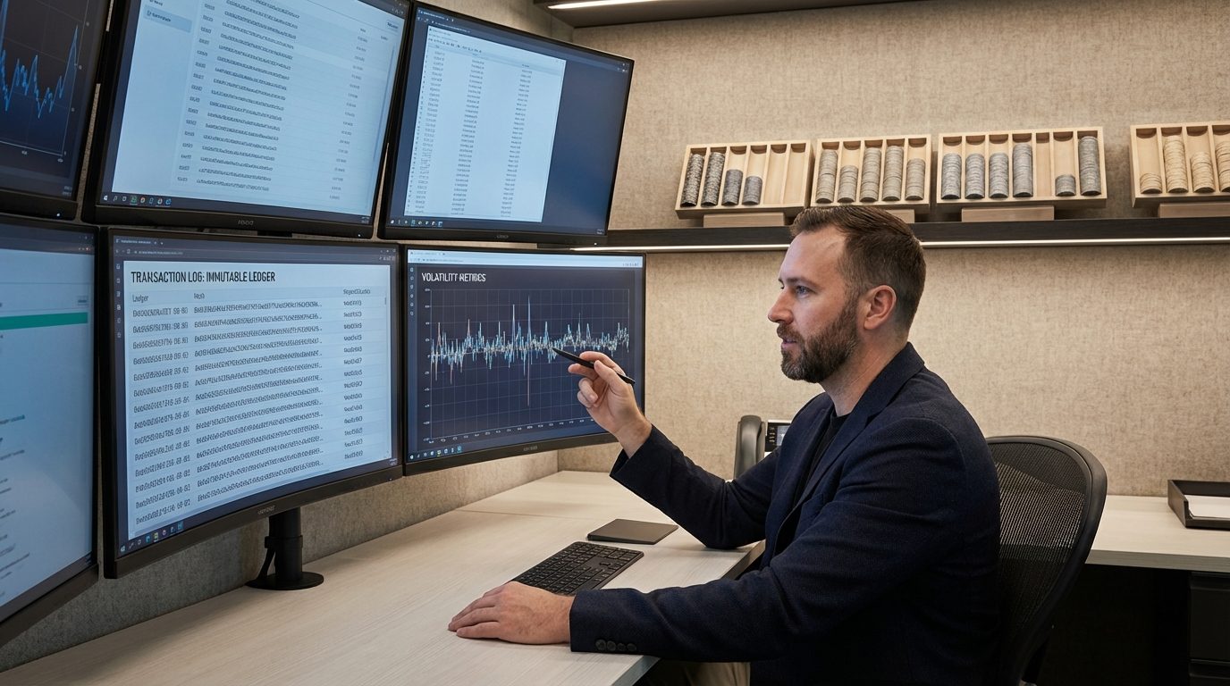 Wide shot of an operator environment showing transaction logs and performance metrics on multiple displays.