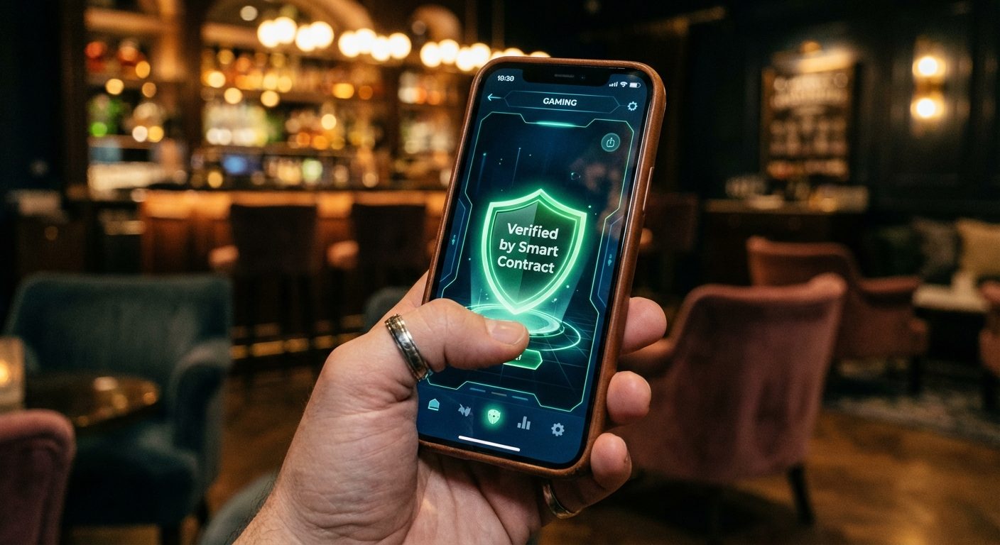 A close-up of a person using a high-end smartphone to play a digital game, showing a verified smart contract transaction on the screen.
