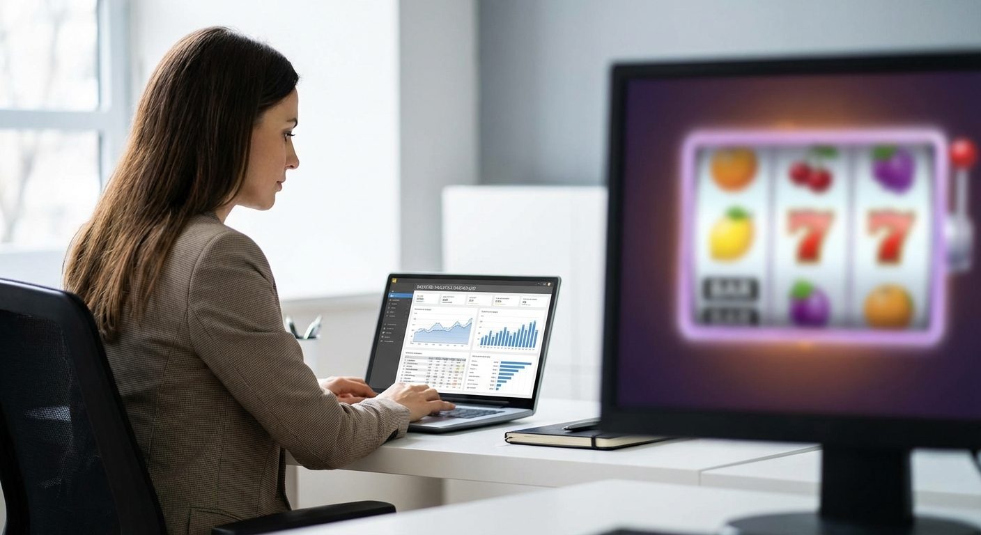 A product manager reviews backend data on a tablet to analyze GGR metrics for an iGaming operation.