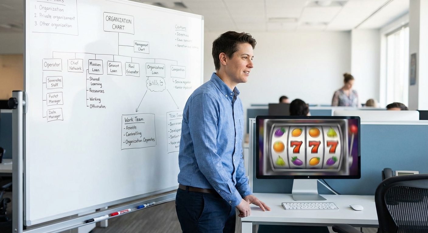 A product manager planning business operations near a screen with game elements, explaining how to get a gambling license efficiently.