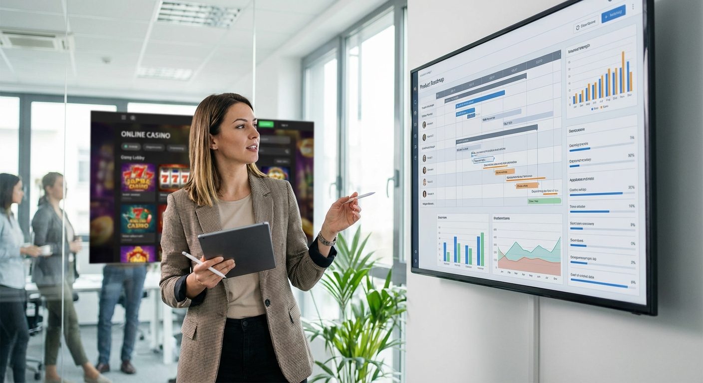 A product manager reviews a digital roadmap and blurred lobby grid to improve player retention through gamification in igaming.