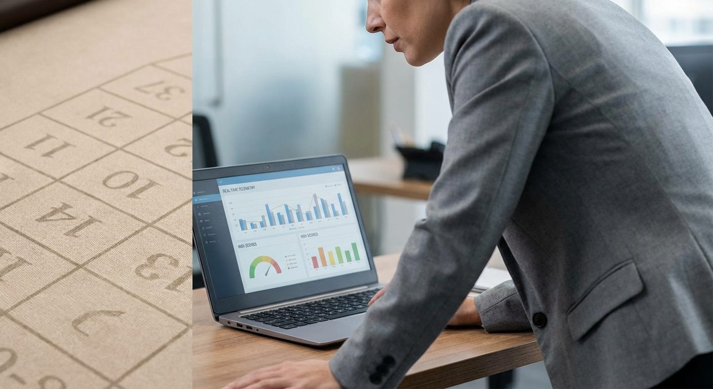 A product manager reviews risk scores on a laptop for online casino fraud detection in a modern iGaming office setting.