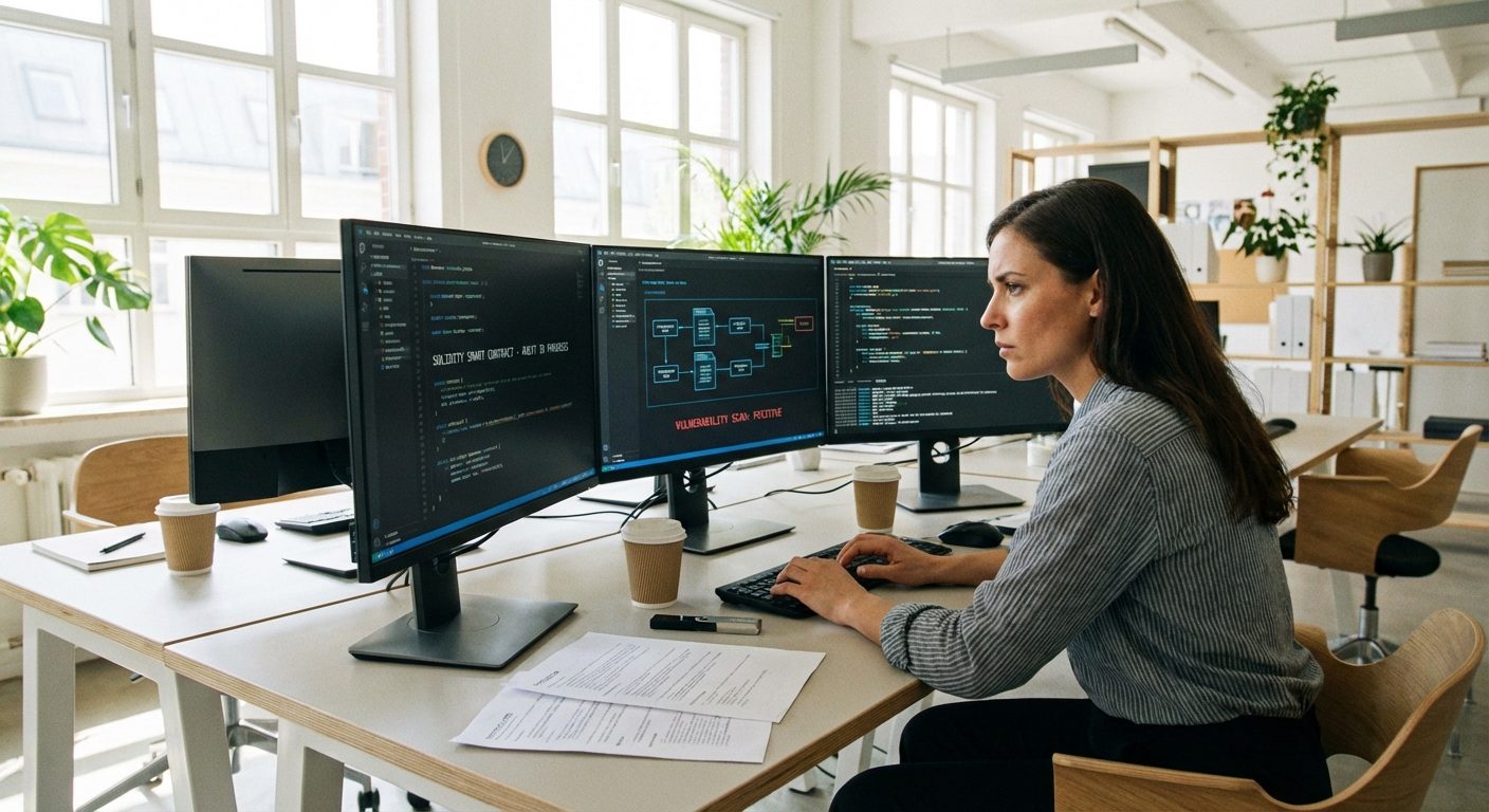 A professional compliance officer in a modern minimalist office reviewing complex blockchain code on three large monitors.