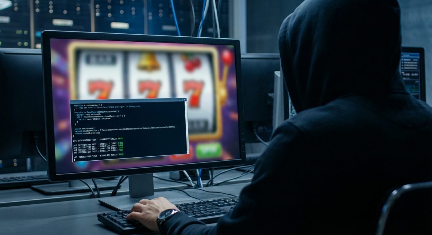 A technical professional performs an over-the-shoulder API integration check on screens with blurred slot reels for gamification in igaming.