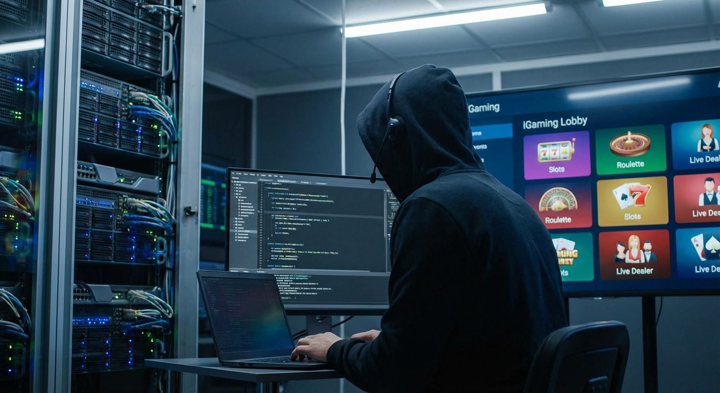 A technical specialist auditing platform code in a server room as part of the process of how to get a gambling license.