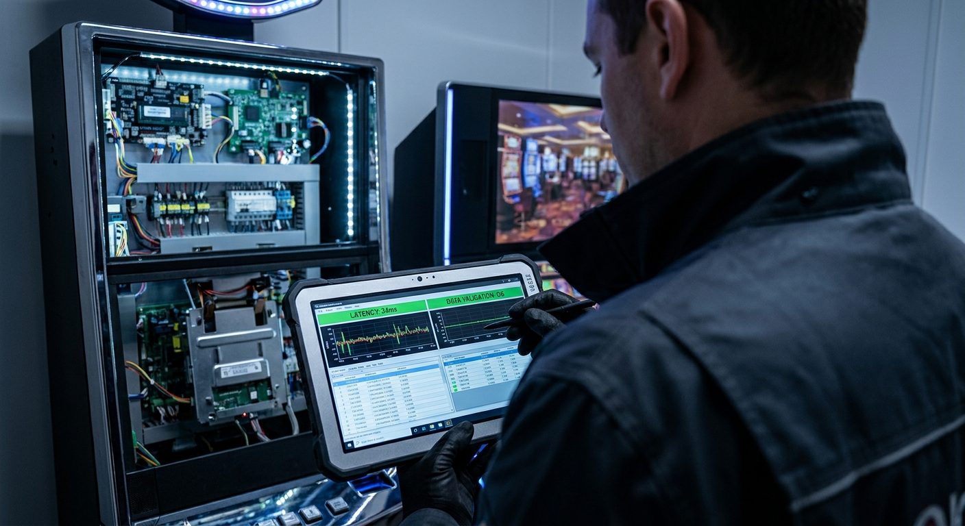 A technical specialist performs verification of real-time data streams in a high-stakes server environment focused on operational reliability.