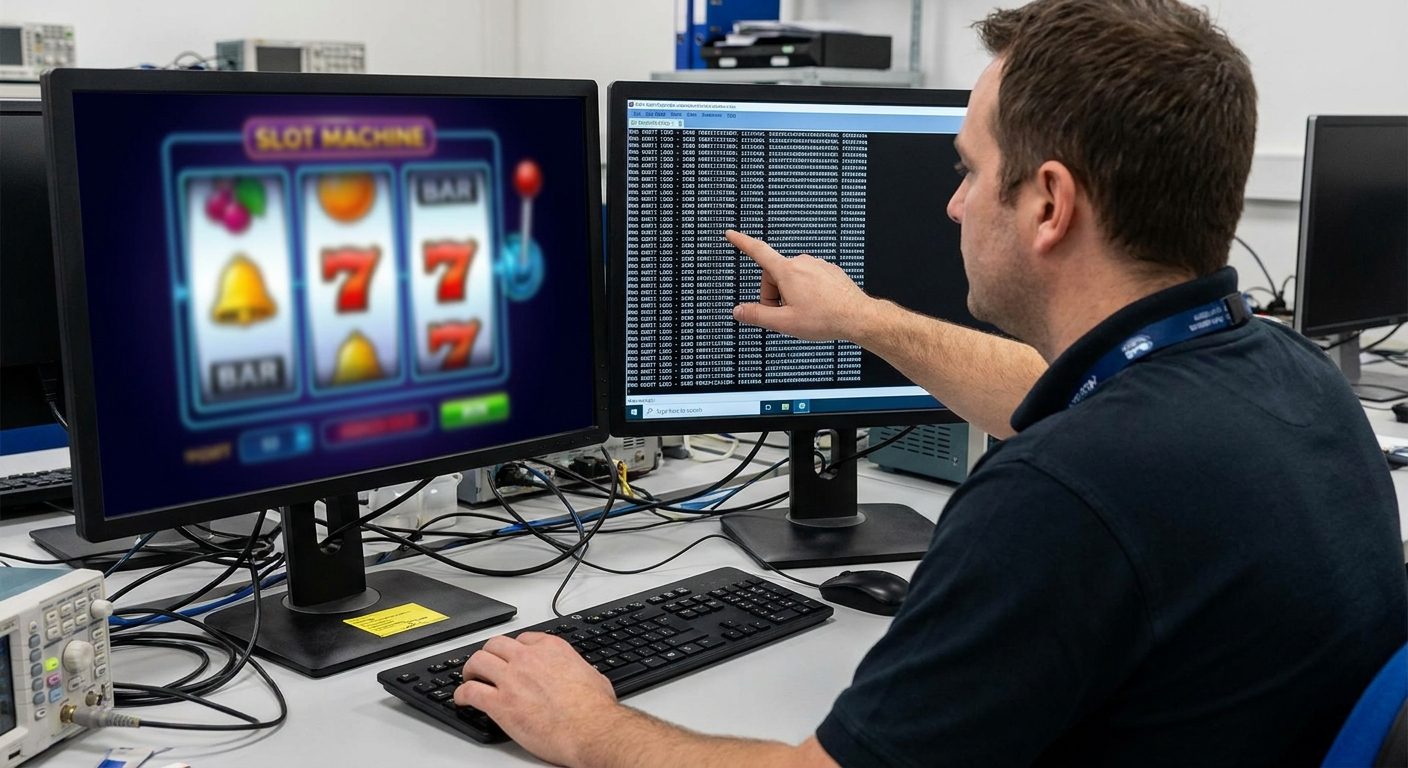 A technician conducts RNG verification on a game screen with certification documentation visible in the background.