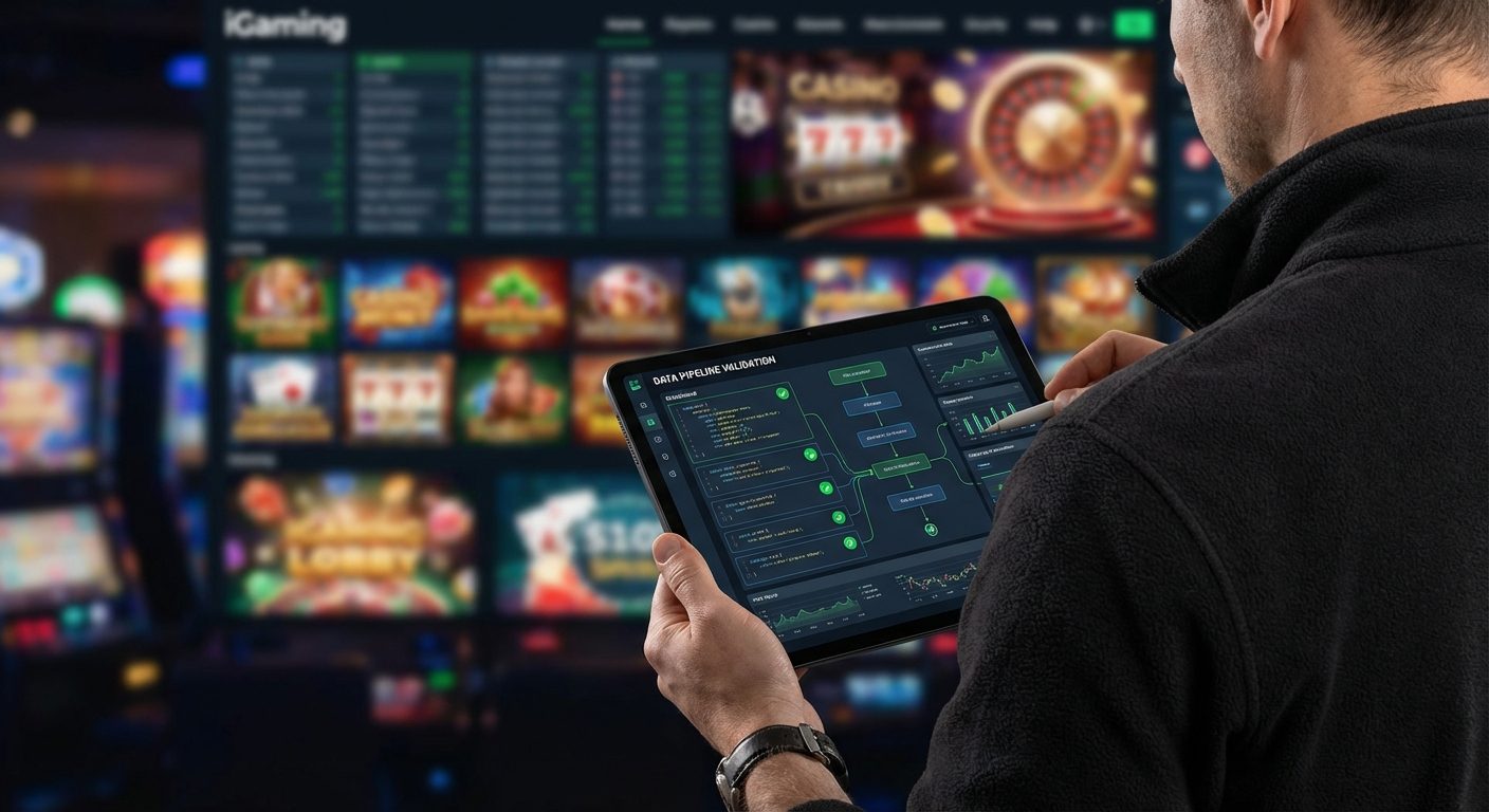 A technician validates GGR reporting data on a tablet in an iGaming compliance workflow.