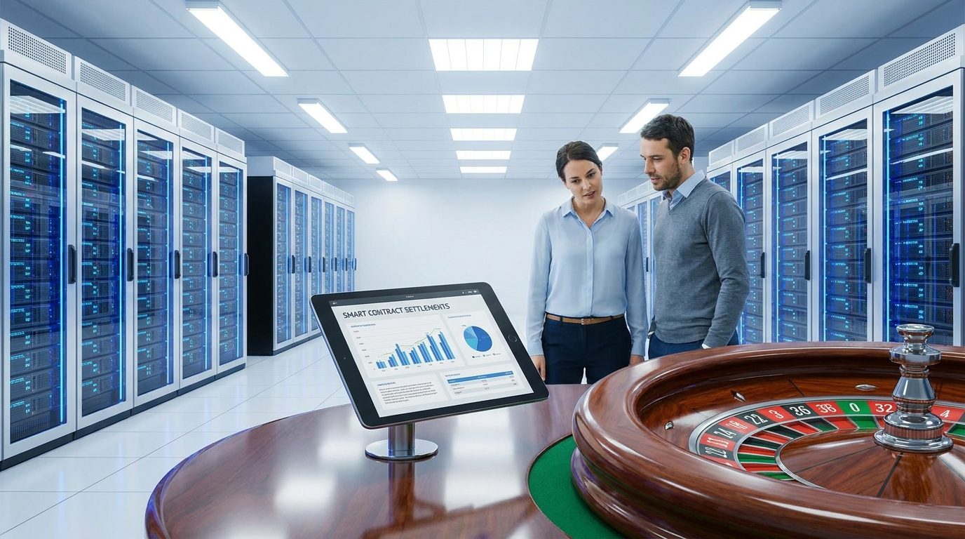 A wide shot of a backend server environment focused on smart contract settlements and automated payment workflows for iGaming operators.