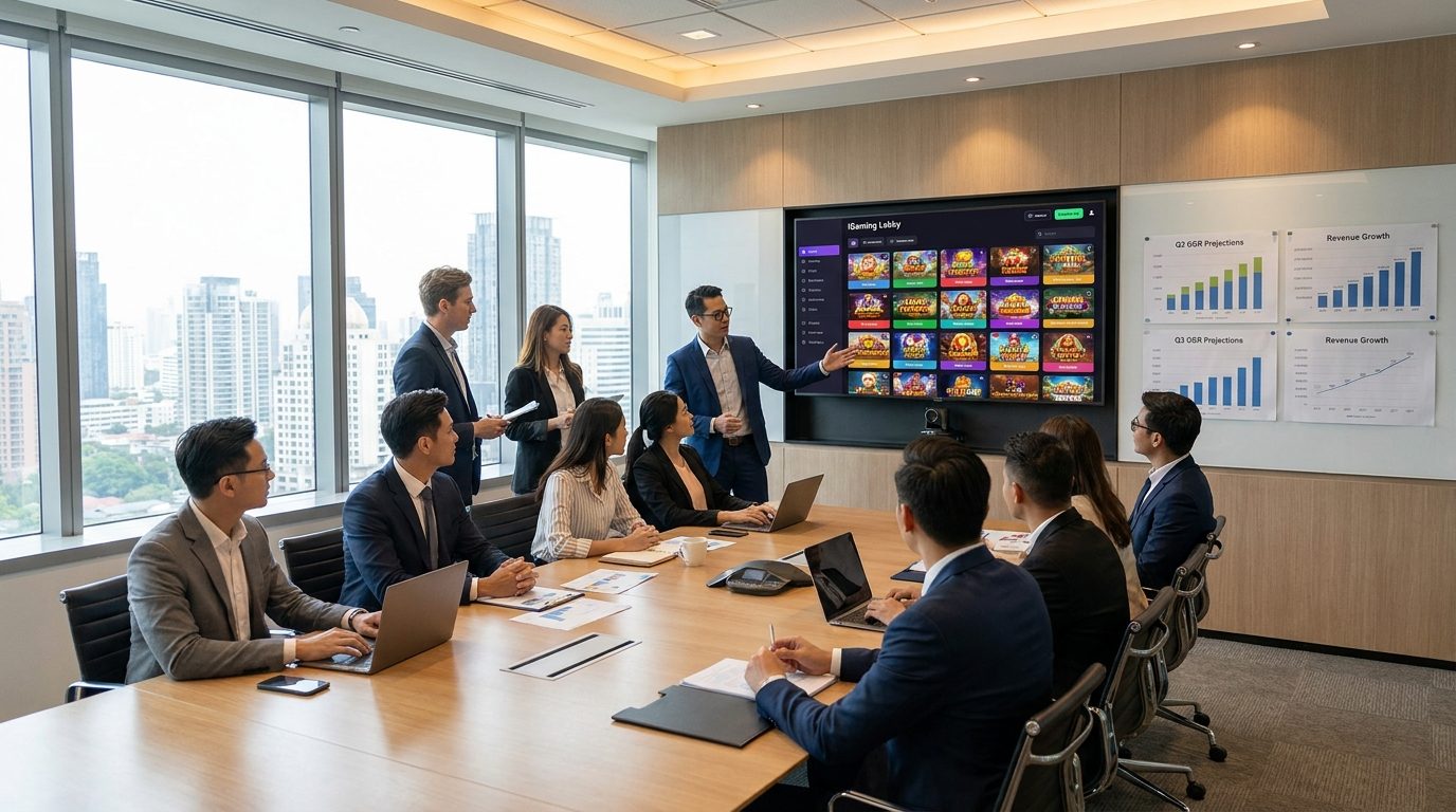 An analytics meeting room showing game portfolio performance metrics and quarterly revenue projection charts.