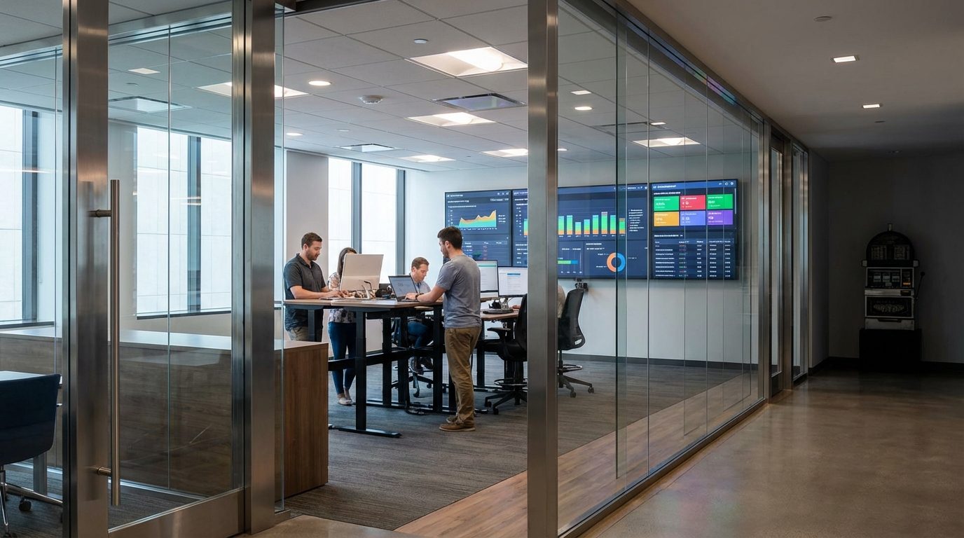 A wide view of a professional iGaming operations center illustrating the long term success of how to get a gambling license.